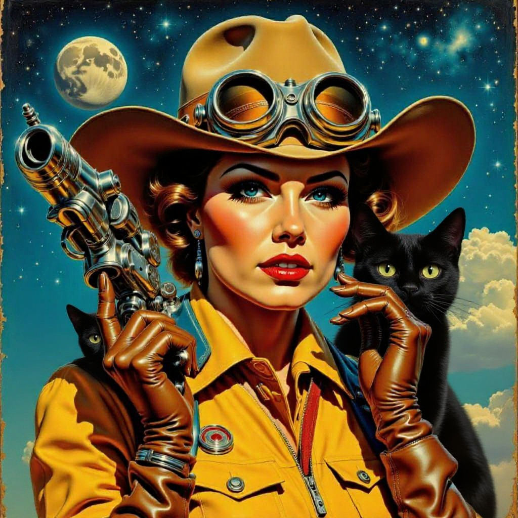 Retro Sci-Fi Cowgirl with Raygun in Cosmic Sky