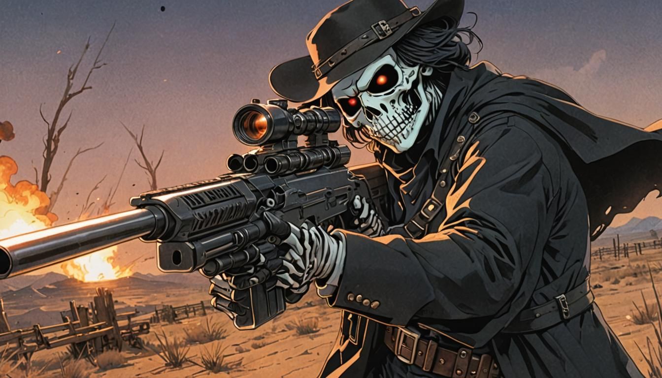 Ghostly Sniper Skeleton in Desert, Anime Style