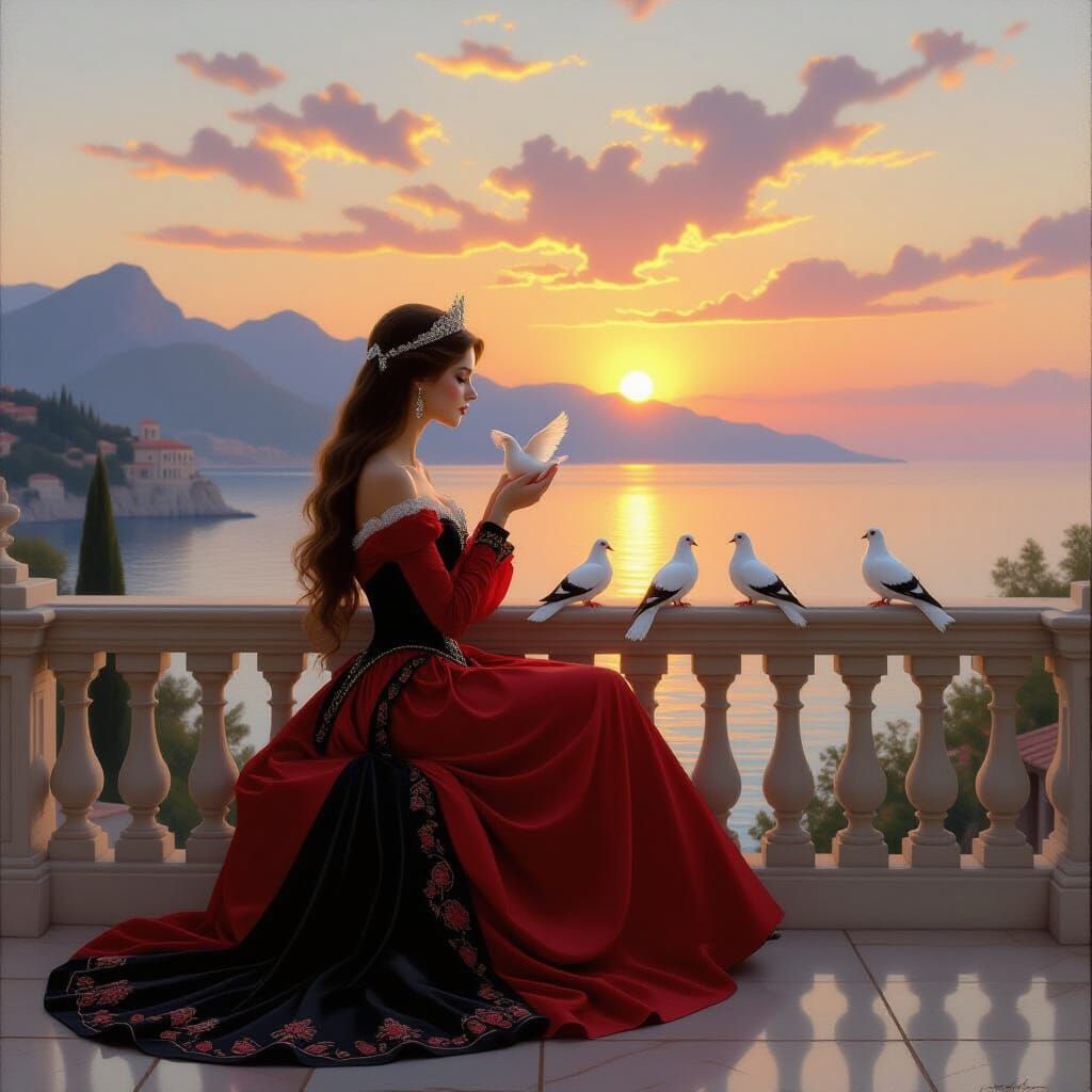 Princess Feeding Doves on Palace Balcony at Sunset