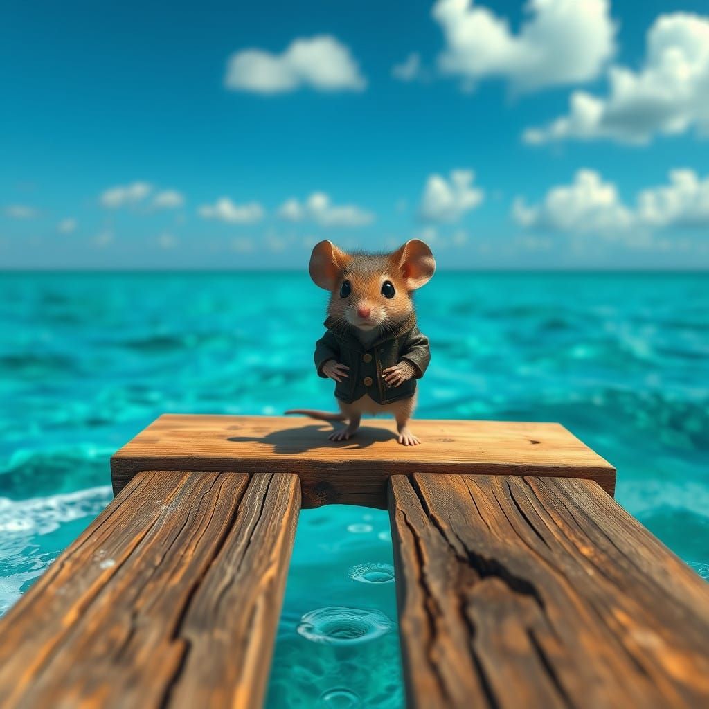Tiny Mouse on Weathered Plank, Ocean Horizon