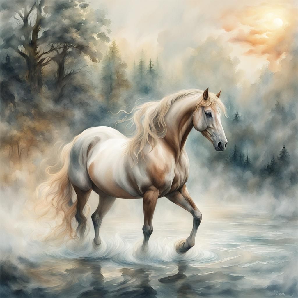 Horse in Dreamy Landscape as Watercolor Painting