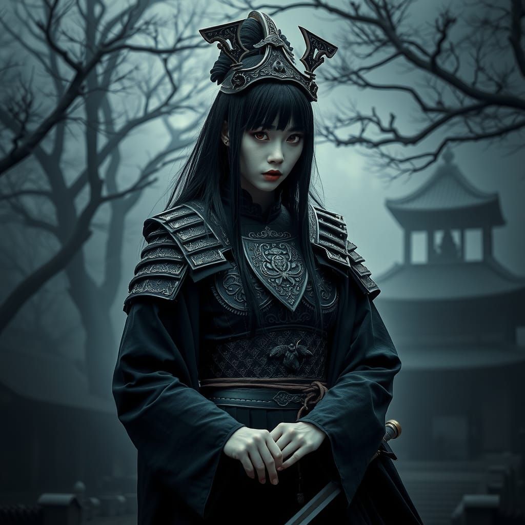 Gothic Samurai Woman in Misty Forest