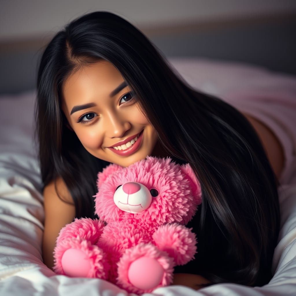 A beautiful young woman with holding a cute plush teddy bear in her bedroom.