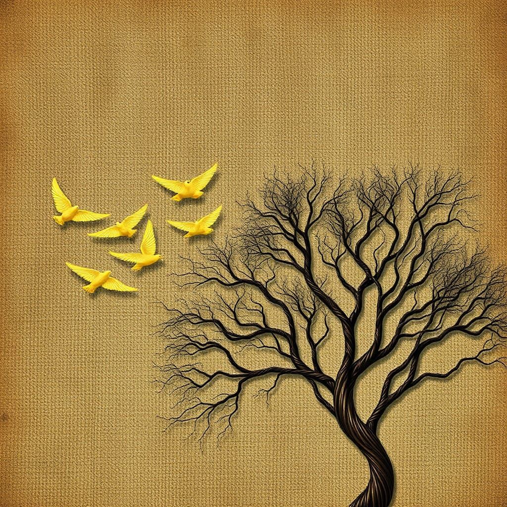 Golden Birds in Flight with Metal Tree Sculpture