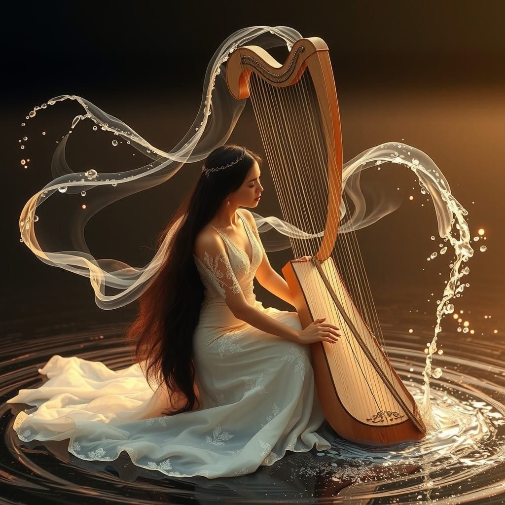 A Woman Plays Harp in Enchanting Art Nouveau Style