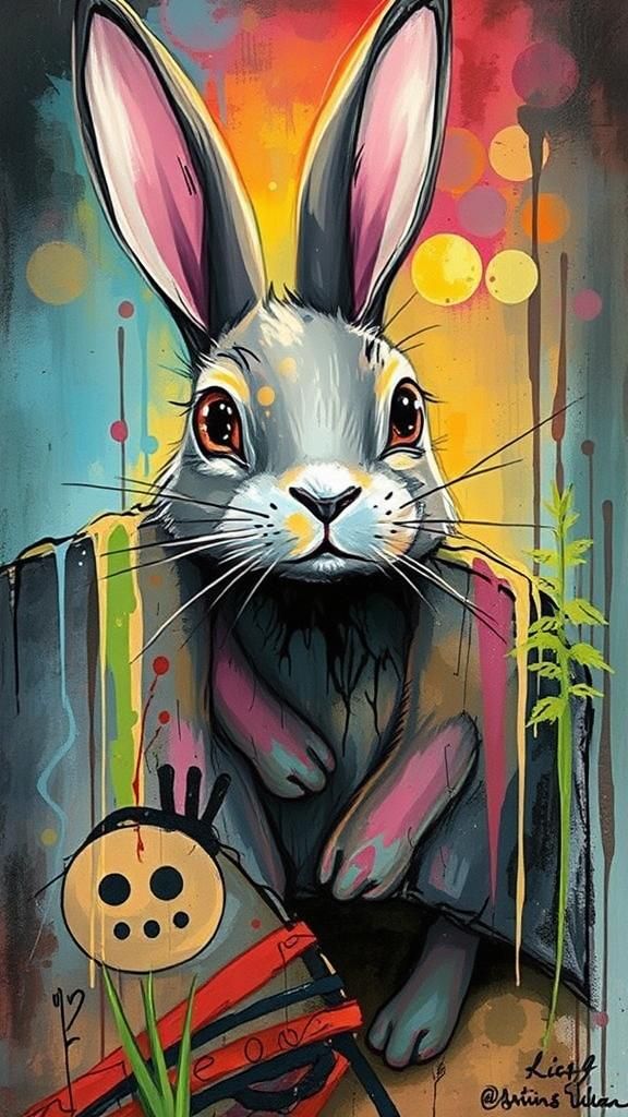 A whimsical bunny with oversized, shimmering eyes and a curi...