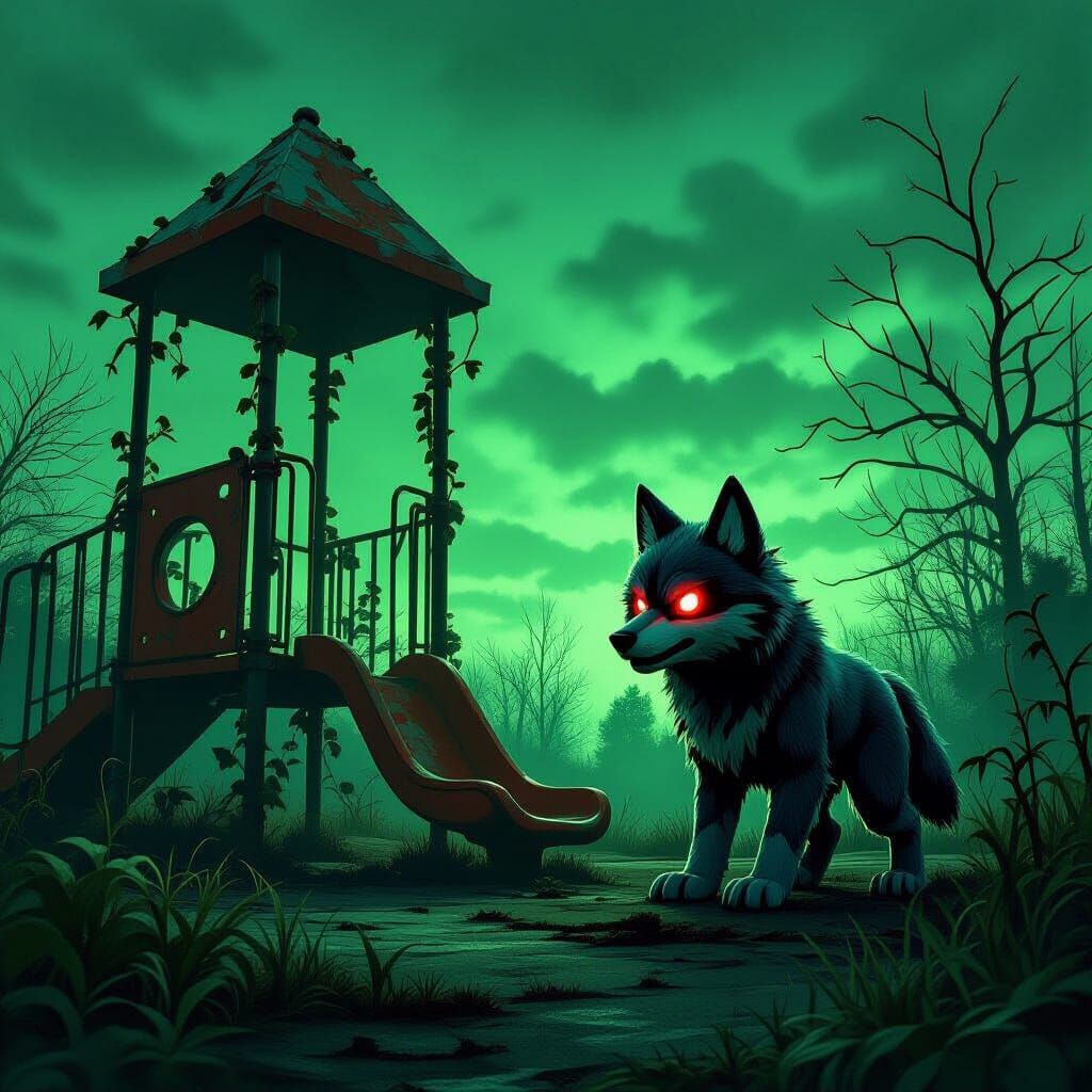 Sinister Playground with LED-Eyed Wolf Plushie