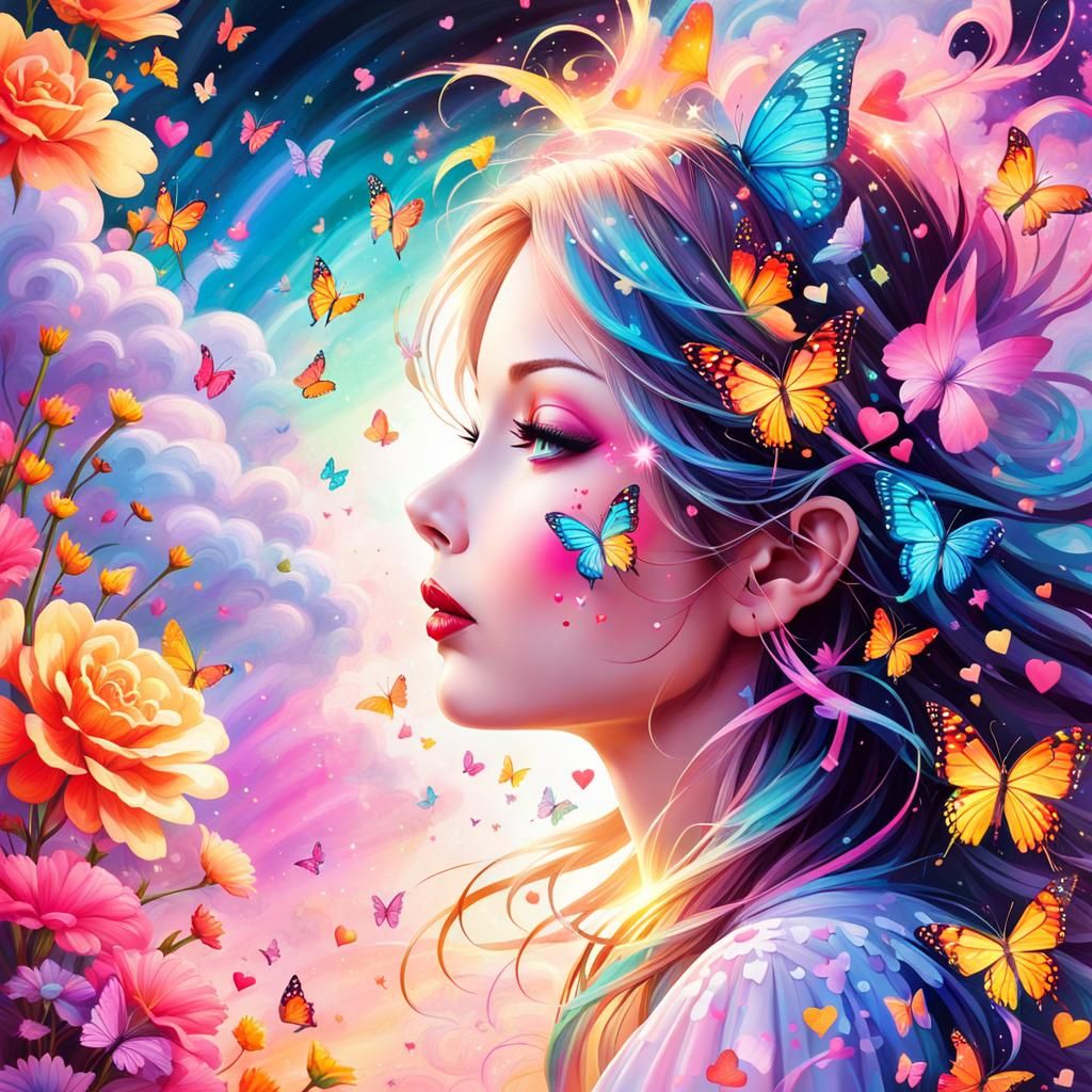Butterfly Princess Blowing Kisses in Colorful Vortex