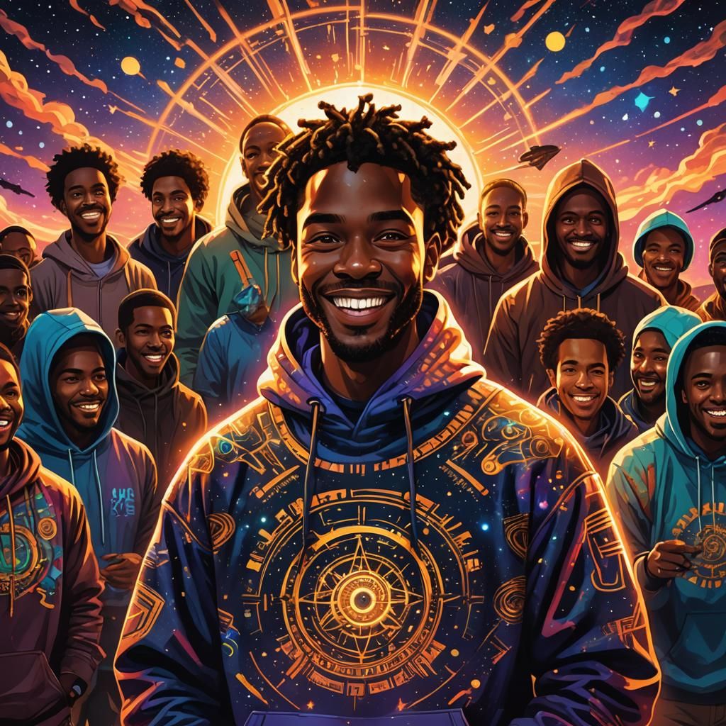 Positive Black Man with Glowing Aura in Cosmic Art