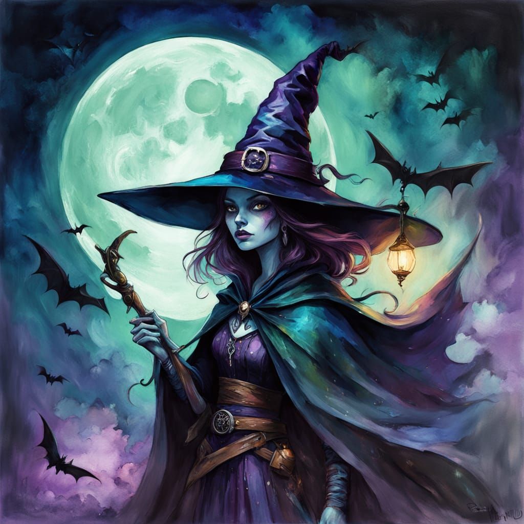 Dark Fantasy Witch with Bat Creatures Under Glowing Moon