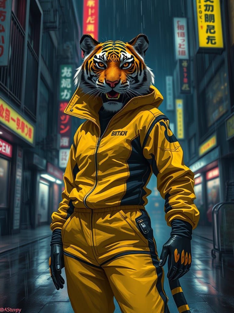 Cyberpunk Tiger in Rainy Tokyo Streets