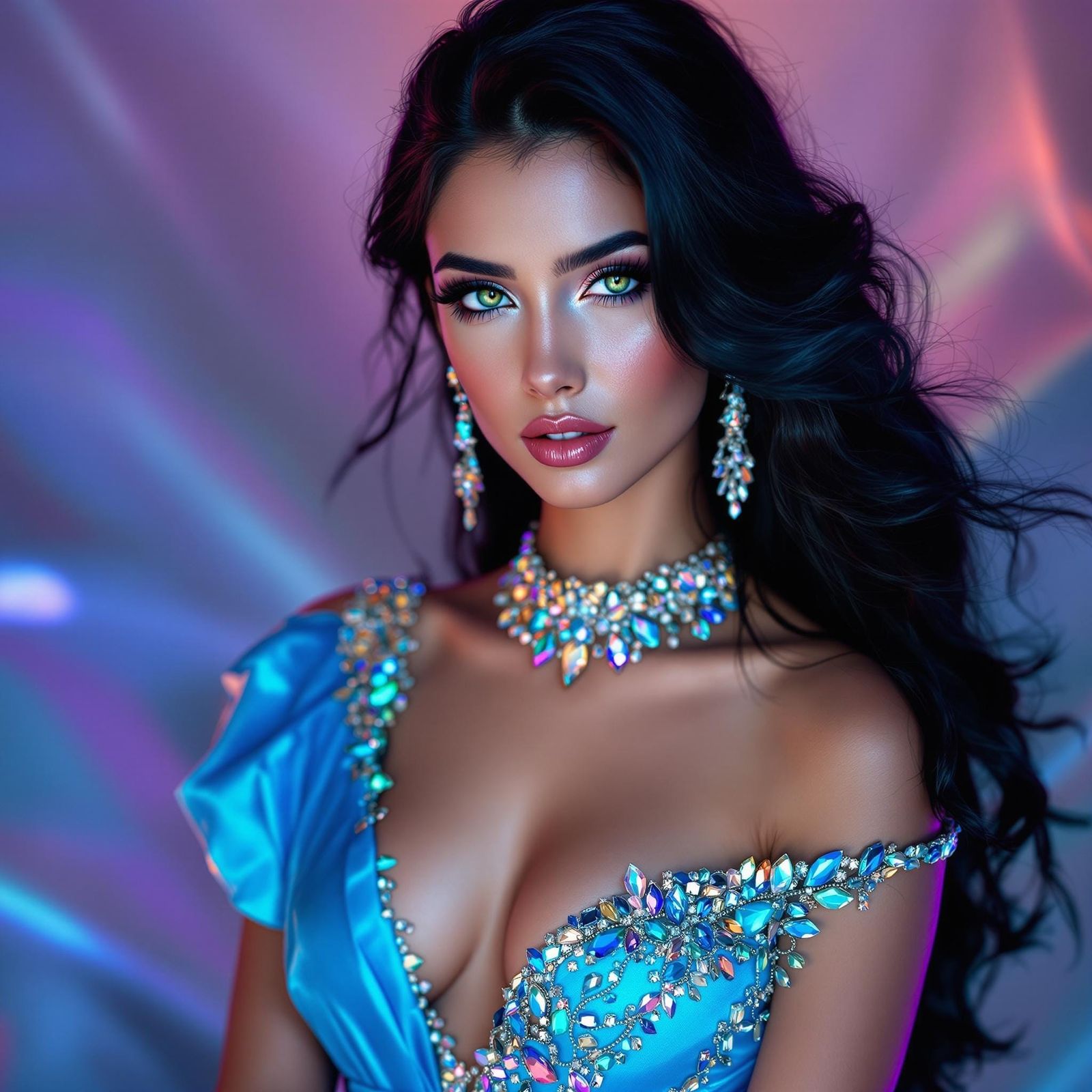 Hyperrealistic Glamour Model in Sapphire Green and Baby Blue