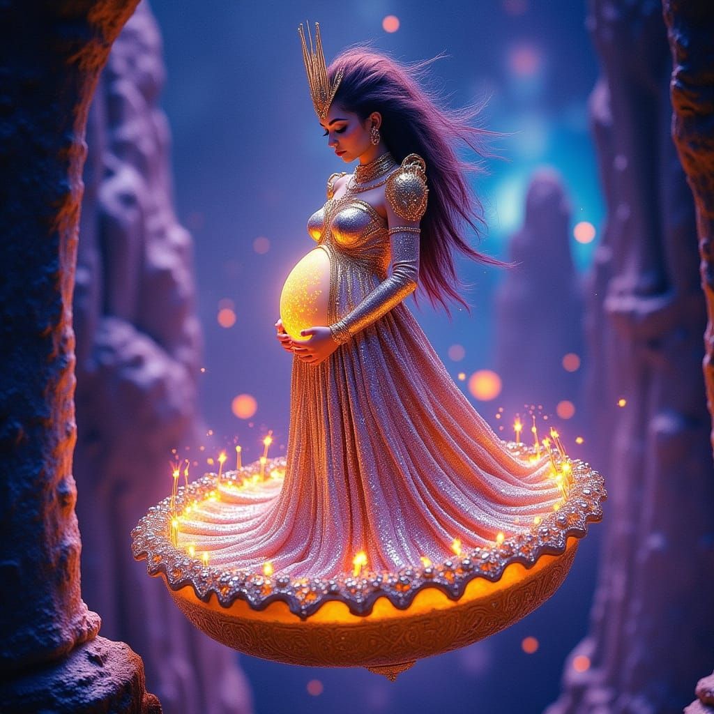Pregnant Space Queen on Moon-Pie Throne in Neon Galaxy