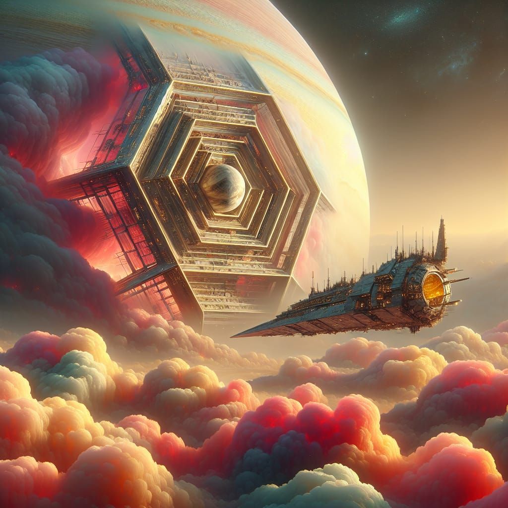 Triangular Spacecraft's Saturn Journey: Fantasy Concept Art