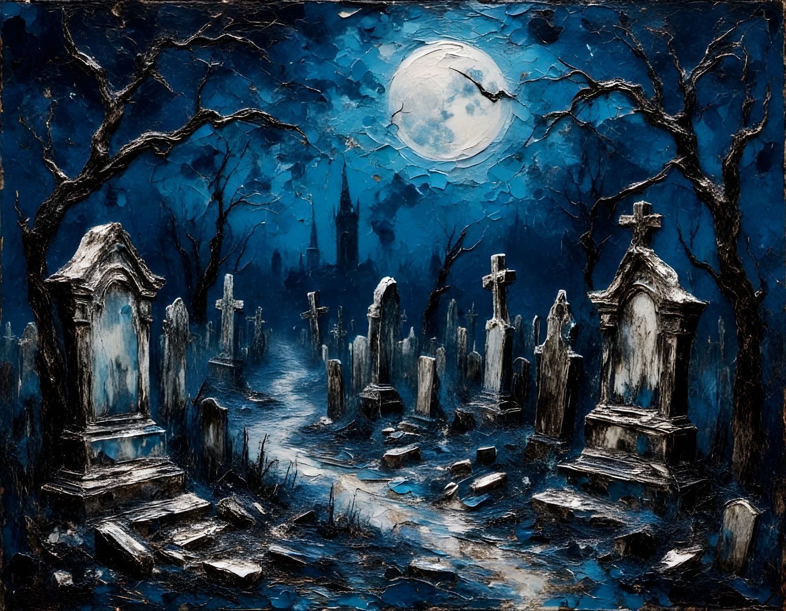 Spooky Graveyard in Impasto Style Under Moonlight