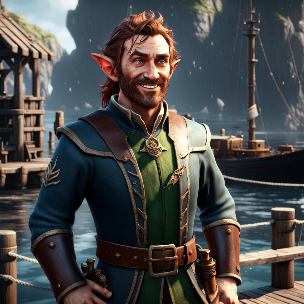 Elf Sea Captain with Friendly Smile in 3D Style