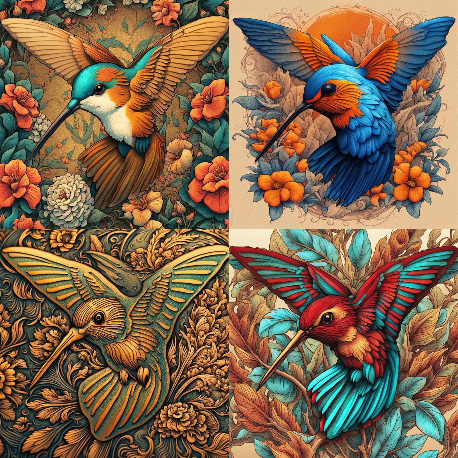 Hummingbird Tattoo in Woodcut Style