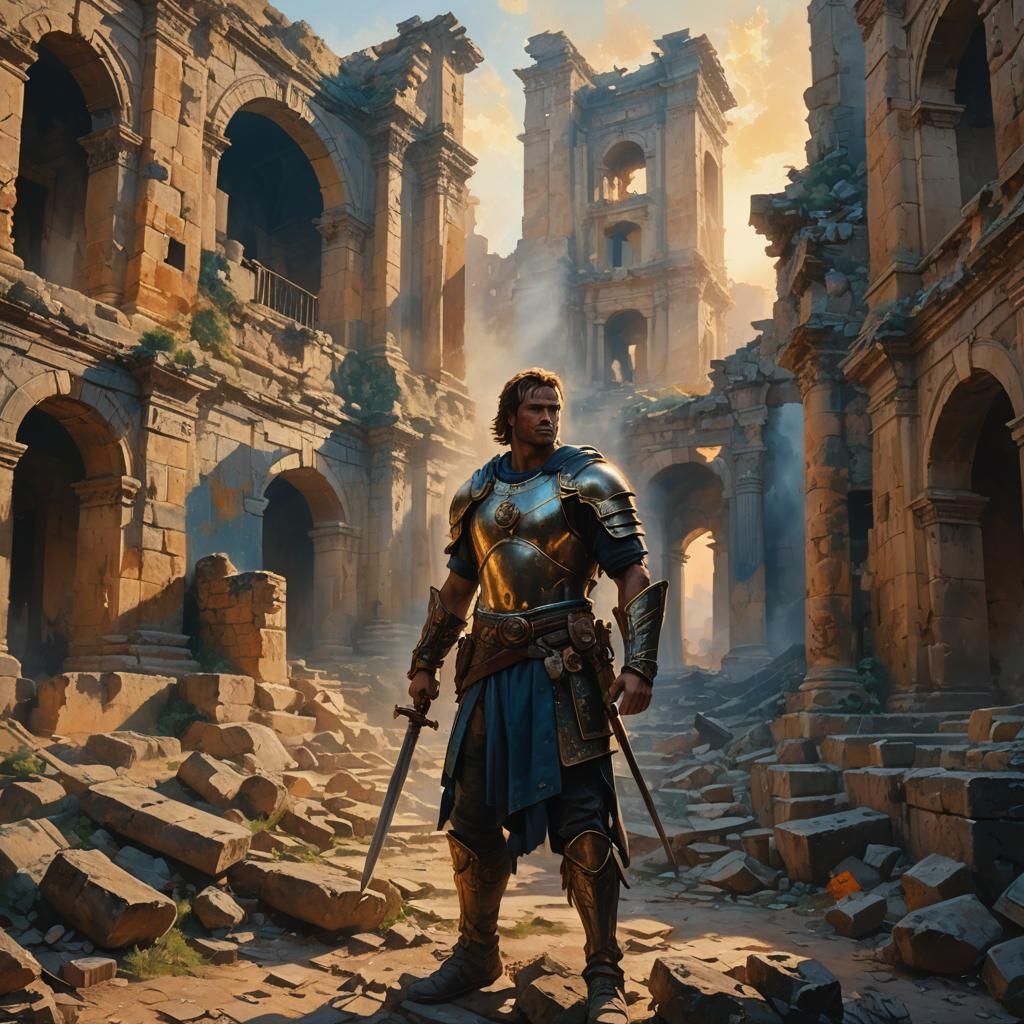 Heroic Warrior in Ancient Ruins: Cinematic Oil Painting