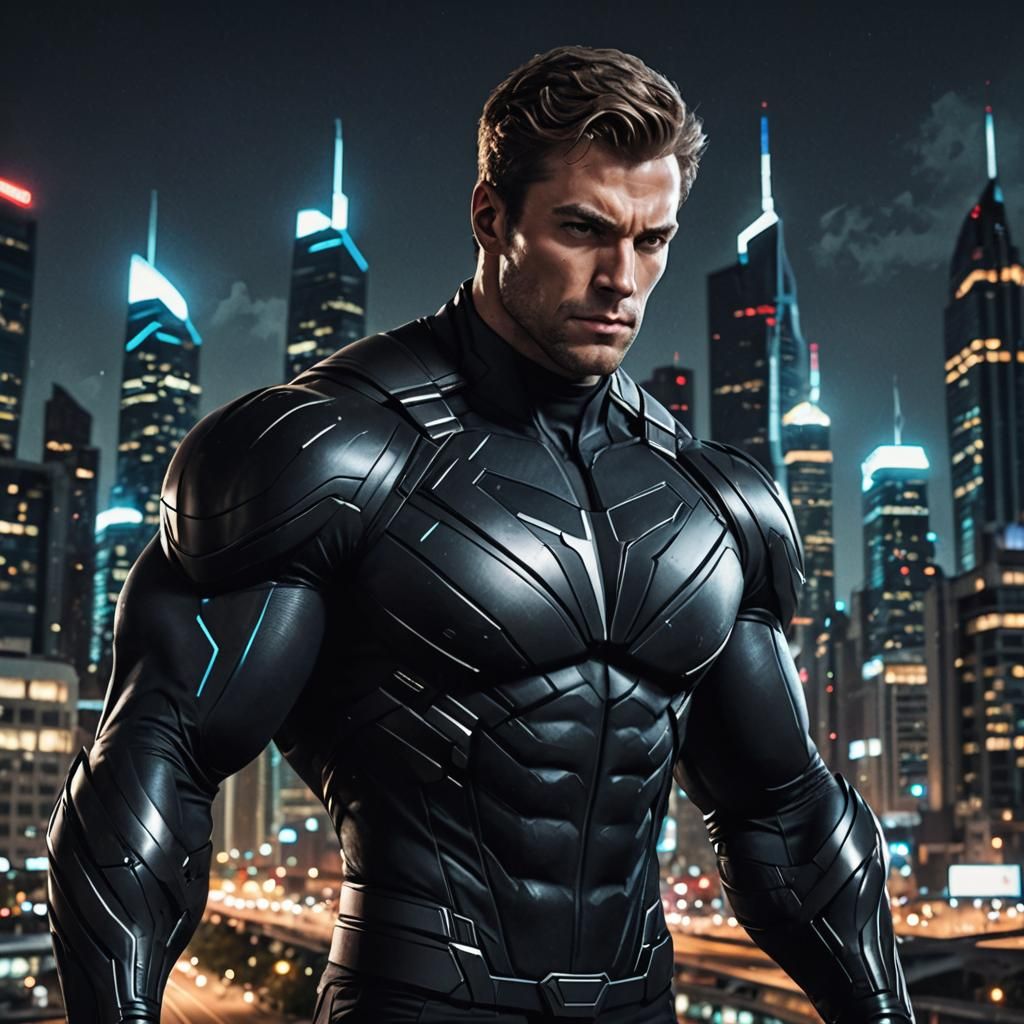 Muscular Superhero in Dark Suit Overlooking Future City