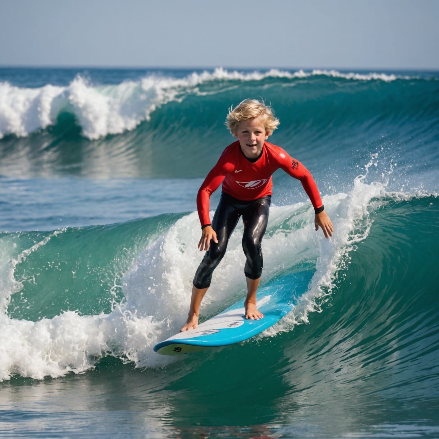Young Blonde Boy Surfing Like a Pro