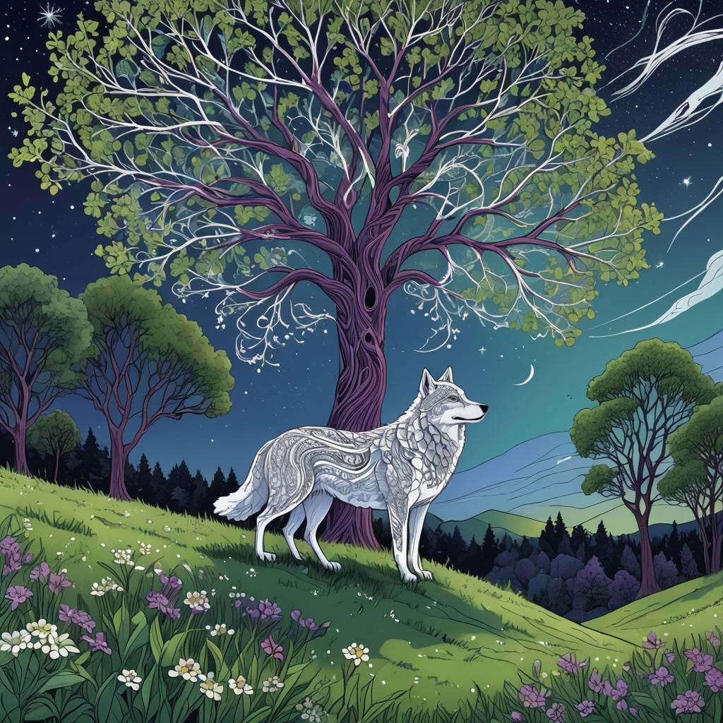 Epic Wolf Amidst Rowan Tree in Cosmic Meadow