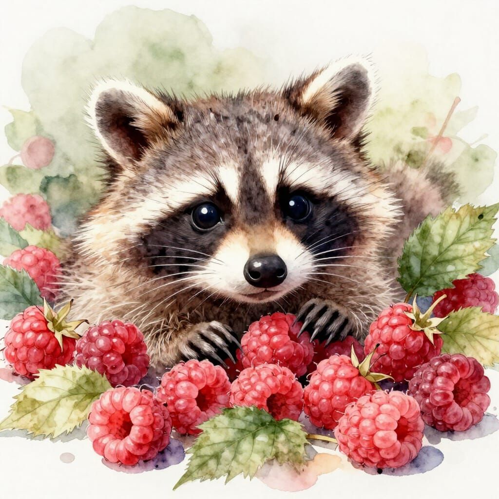 Cute Raccoon Peeking from Raspberries in Watercolor Style