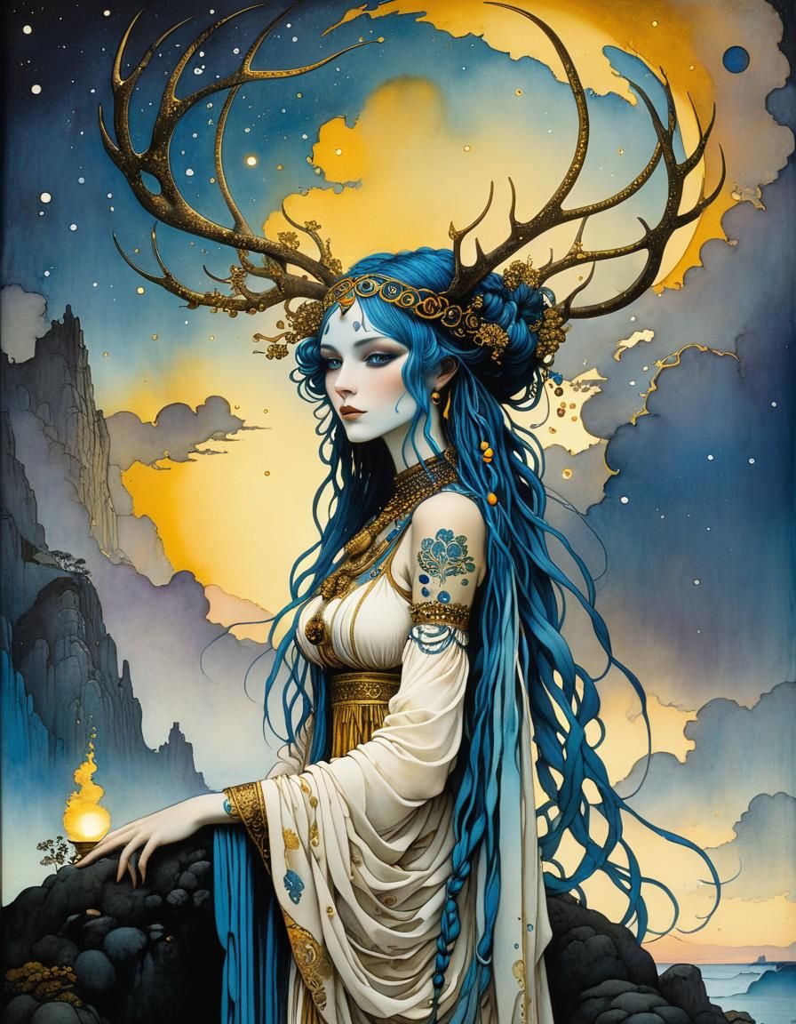 Golden Blue Girl with Stag Antlers in Comic Style