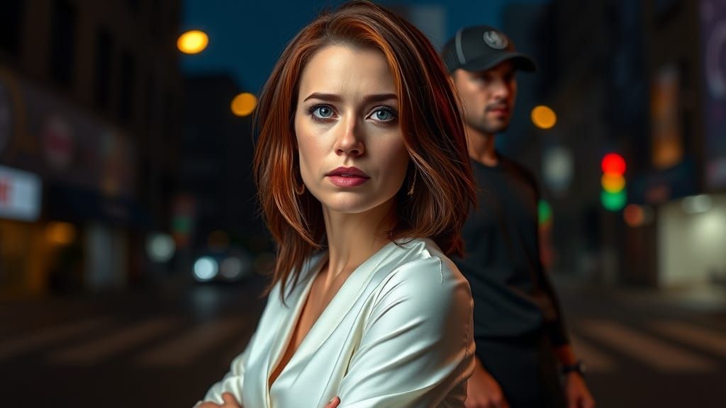 Anxious Woman on Dark Street: Hyperrealistic Digital Art