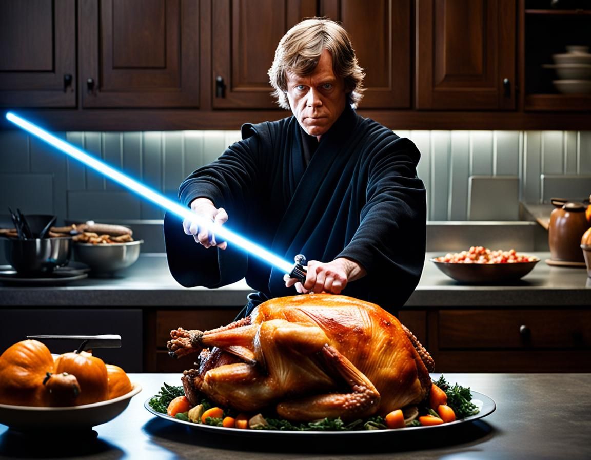 Luke Skywalker Carves Turkey with Lightsaber