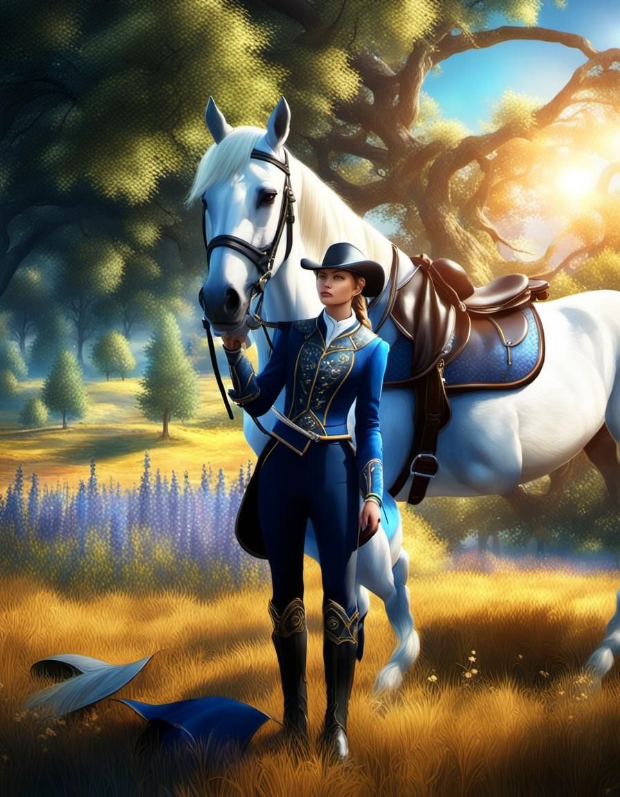 Elegant Equestrian Princess and Horse in Summer Meadow