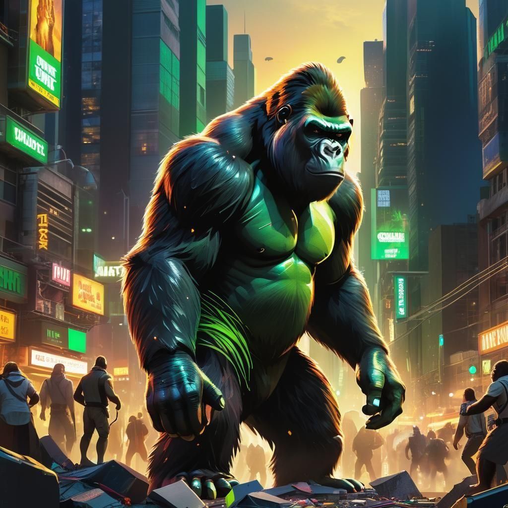 Angry Green Gorilla in Futuristic Cityscape at Night