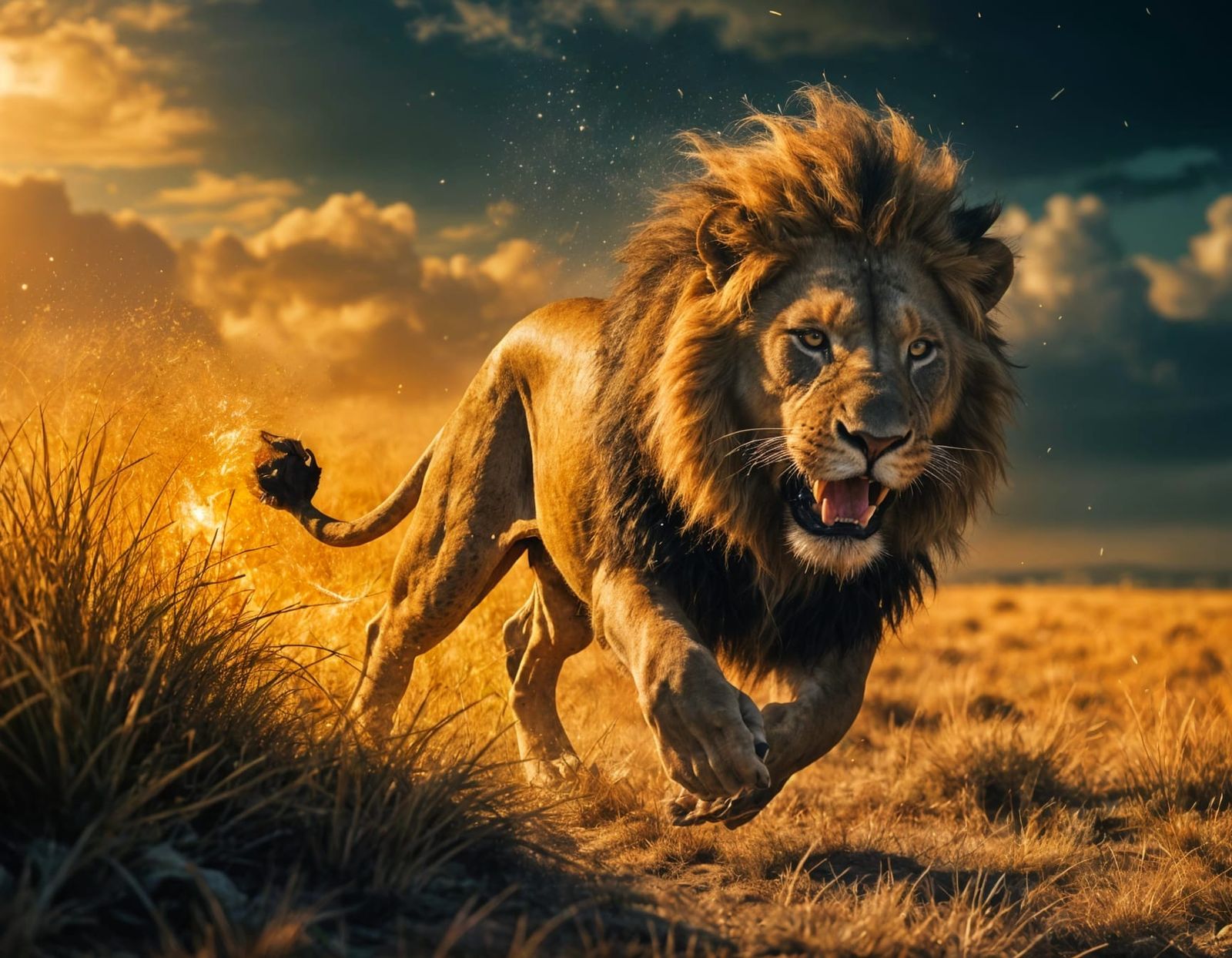 Lion Charging Across the African Savannah in Cosmic Holograp...