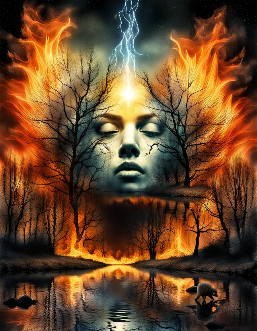 Reflective Crystal Fire: A Surreal Image