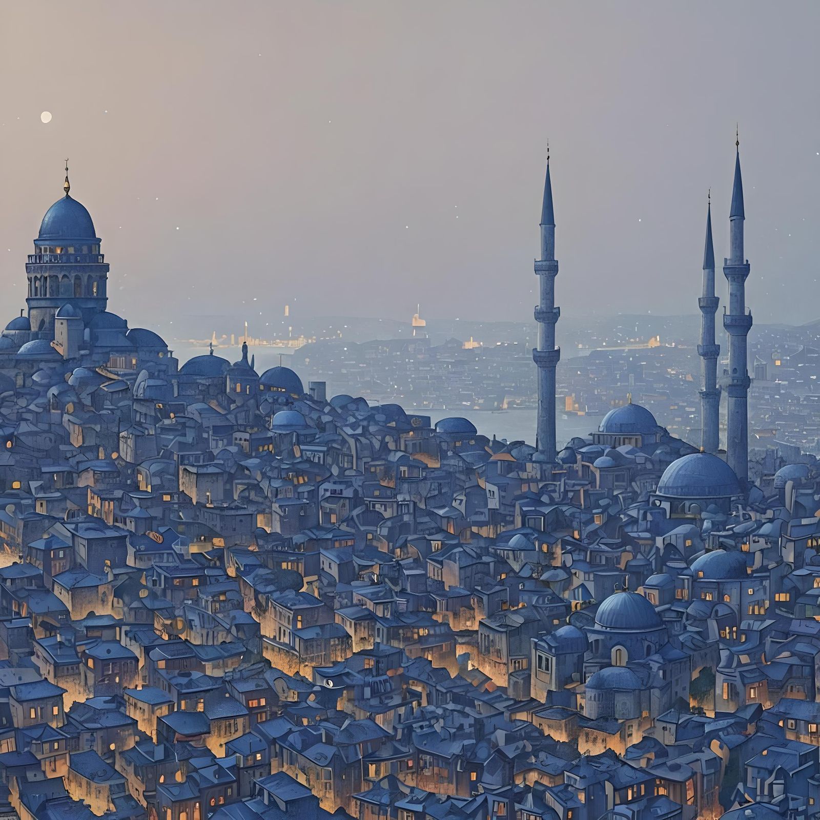 Istanbul Night in Pointillism Style