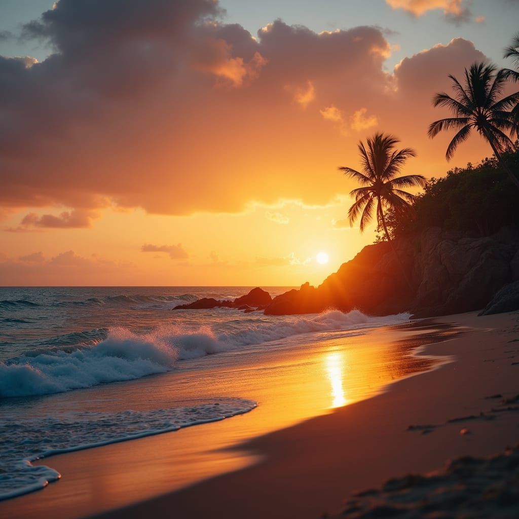Vibrant Sunset Beach Scene in Digital Art