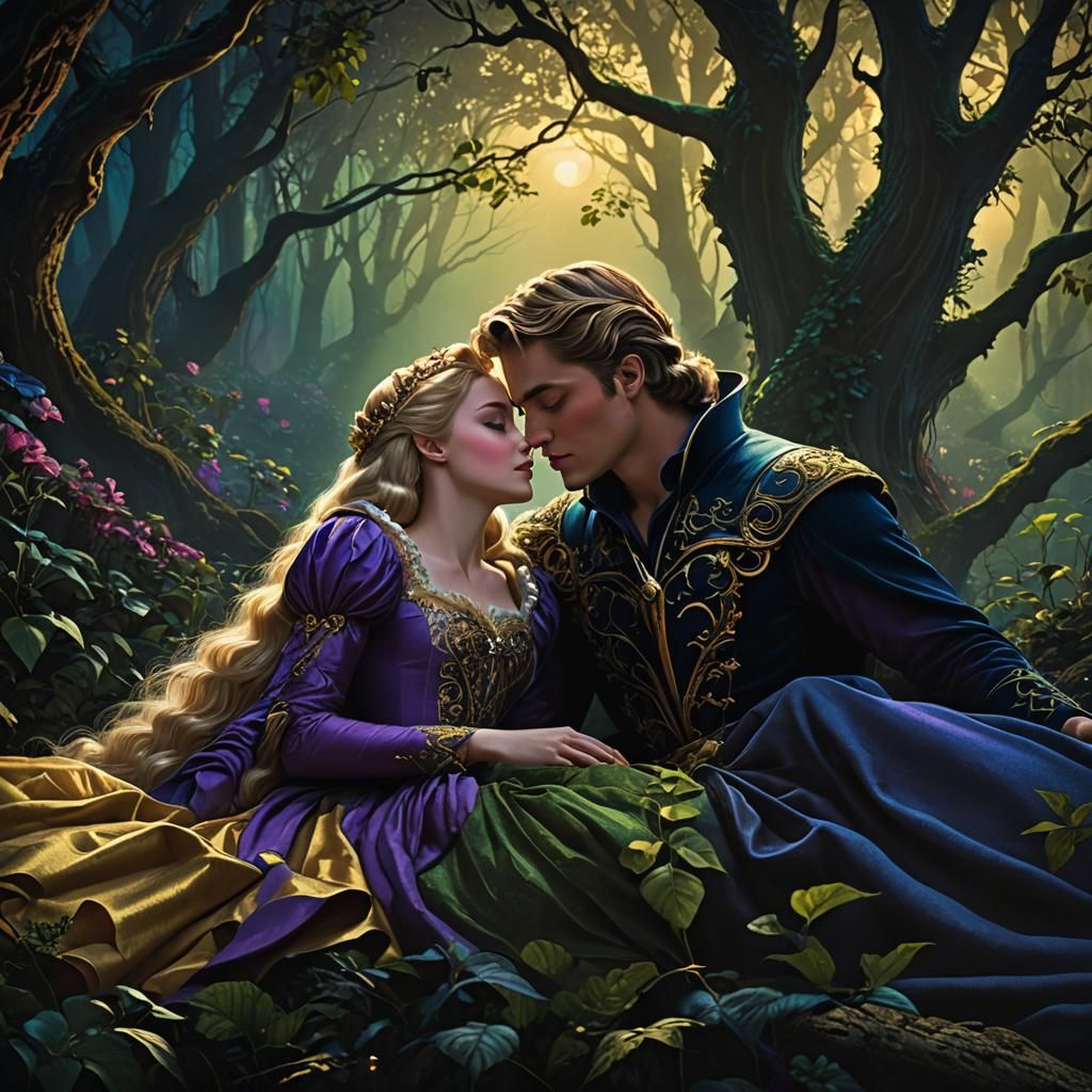 Sleeping Beauty Kissed in Mystical Forest: Art Nouveau