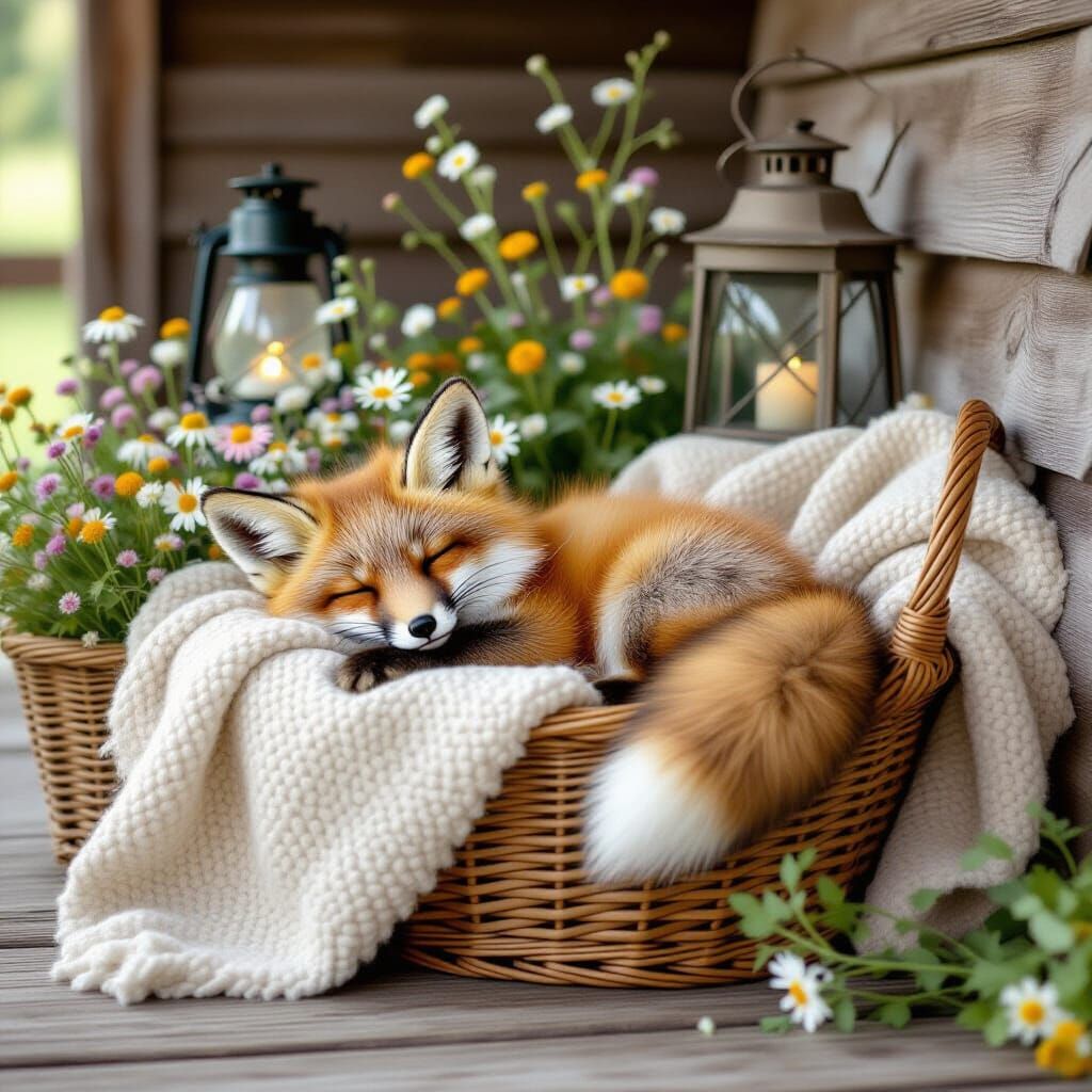 Sleeping Fox Cub in Wildflower Basket