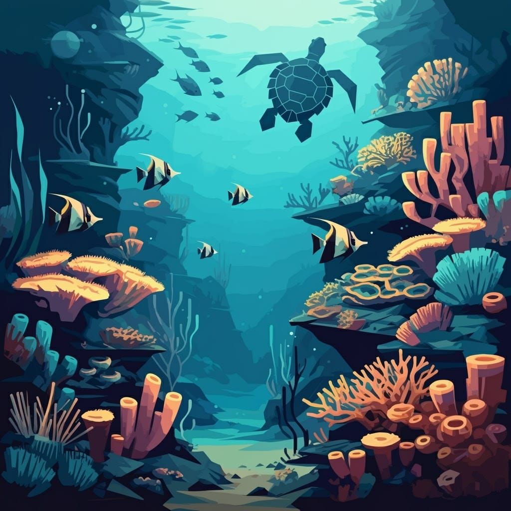 Angular Tropical Fish in Geometric Coral Reef Scene