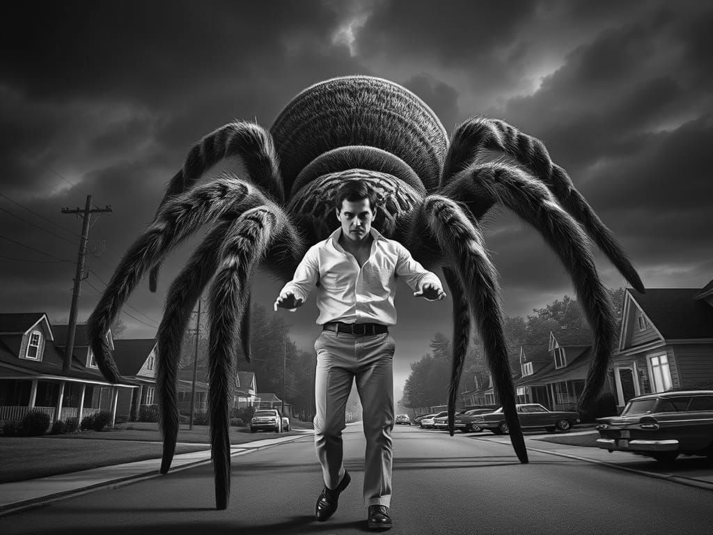 Giant Tarantula Terrorizes 1950s Suburbia in Cinematic Style