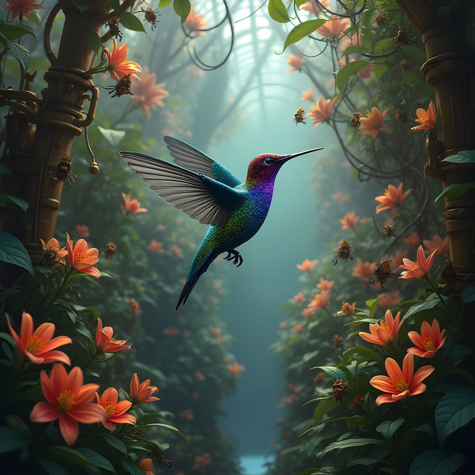 Steampunk Hummingbird in a Whimsical Greenhouse Scene