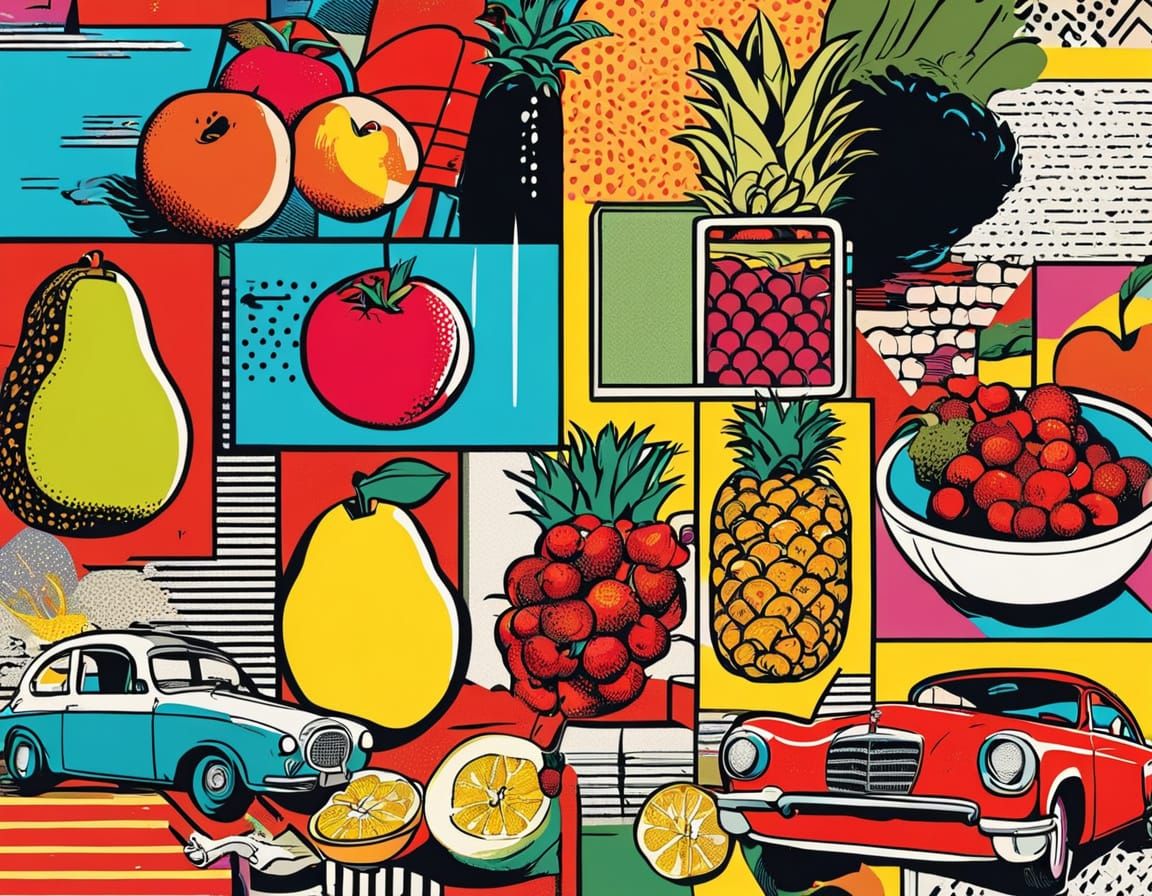 Vibrant Pop Art Collage with Everyday Objects and Fruit