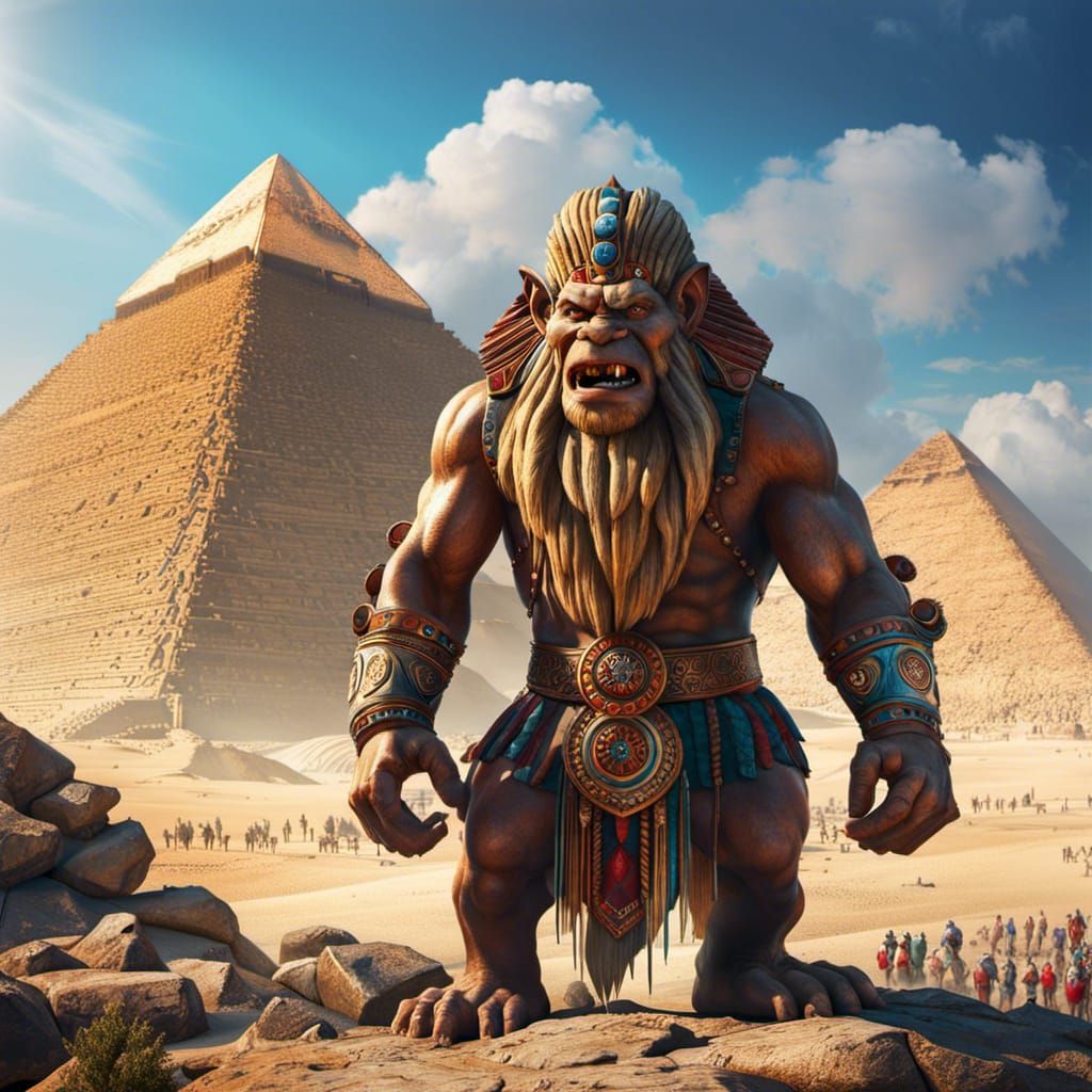 Norwegian Troll at Giza Pyramid: Hyperrealistic Splash Art