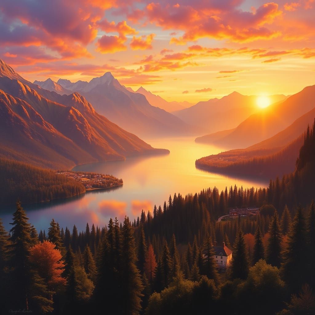 Golden Hour Landscape: Forest, Lake, Mountains & Villages