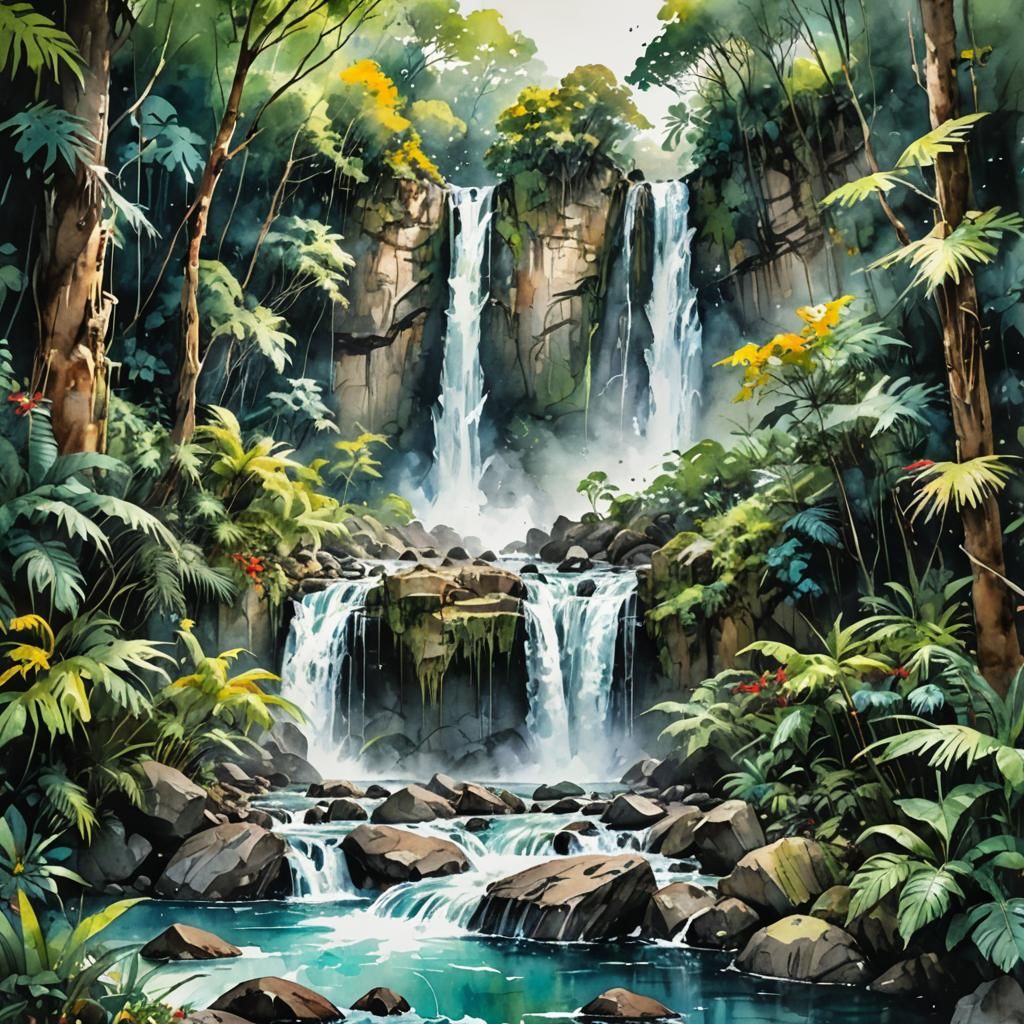 Impressive Jungle Waterfall in Watercolor Style