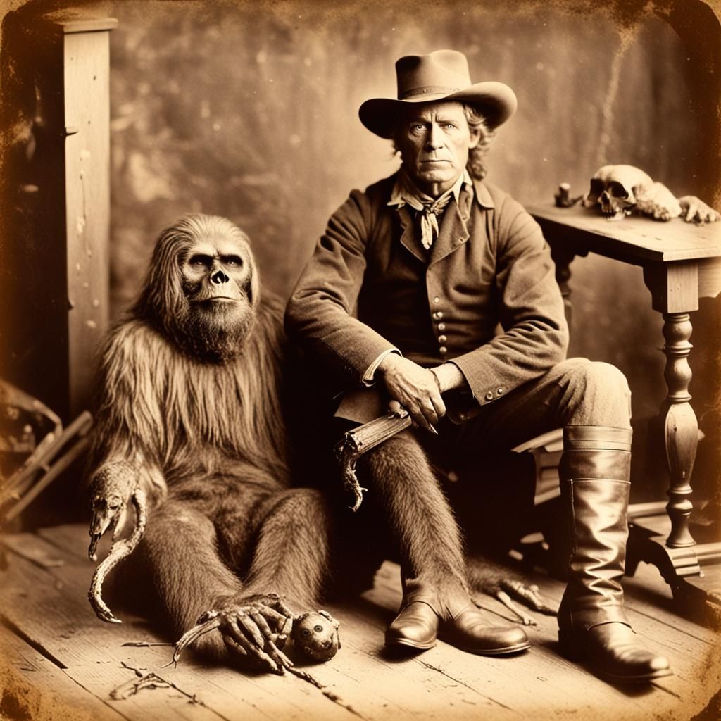 Hunter Poses with Bigfoot in Sepia Tone Photo