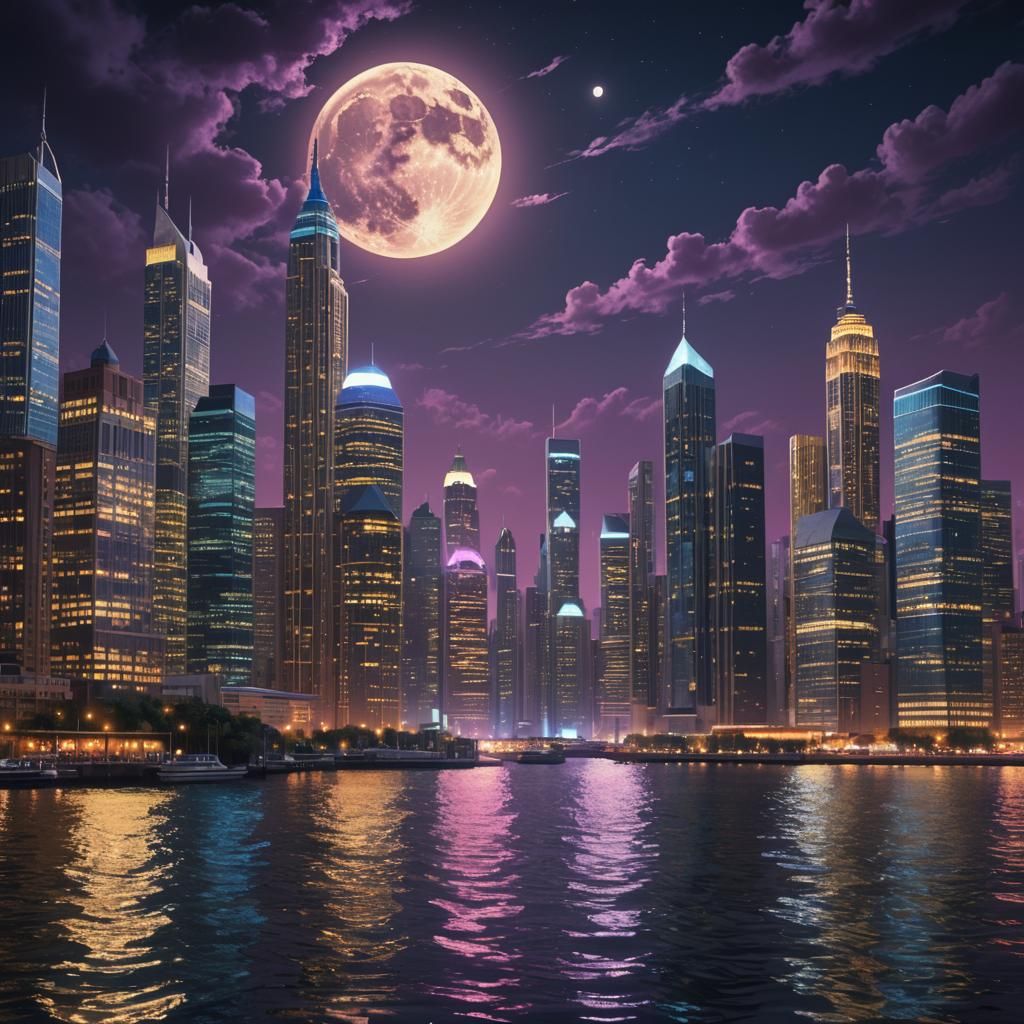 Vibrant Cityscape at Night Under Moonlight: Matte Painting
