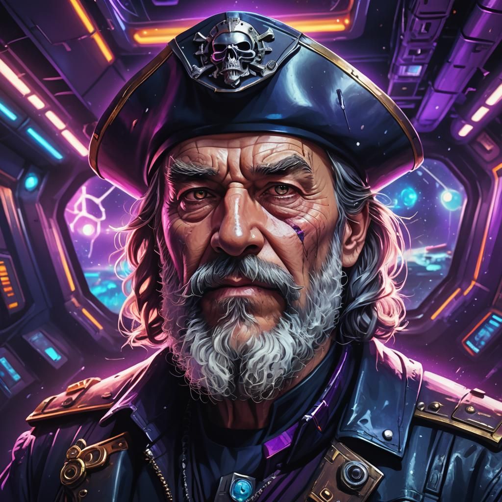 Futuristic Pirate Captain Portrait in Cyberpunk Style