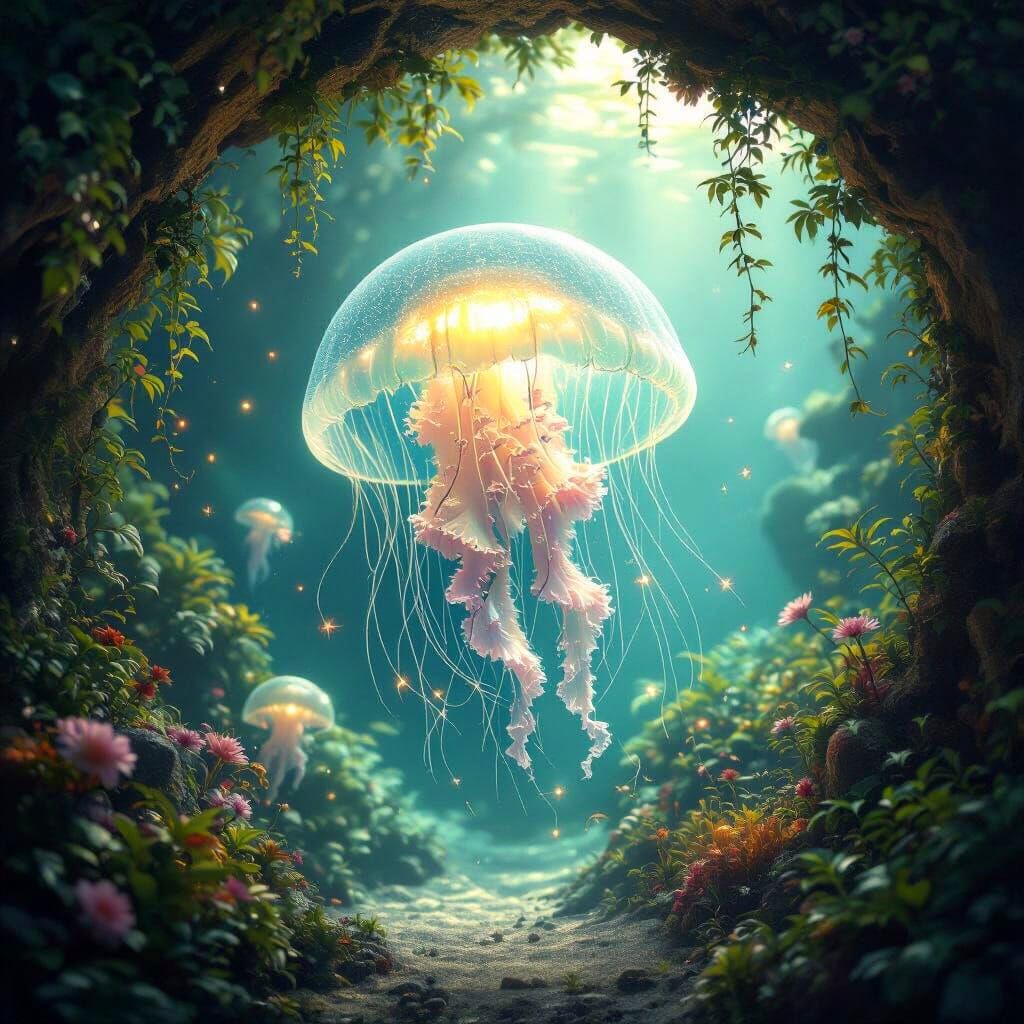 Bioluminescent Jellyfish in Underwater Botanical Garden