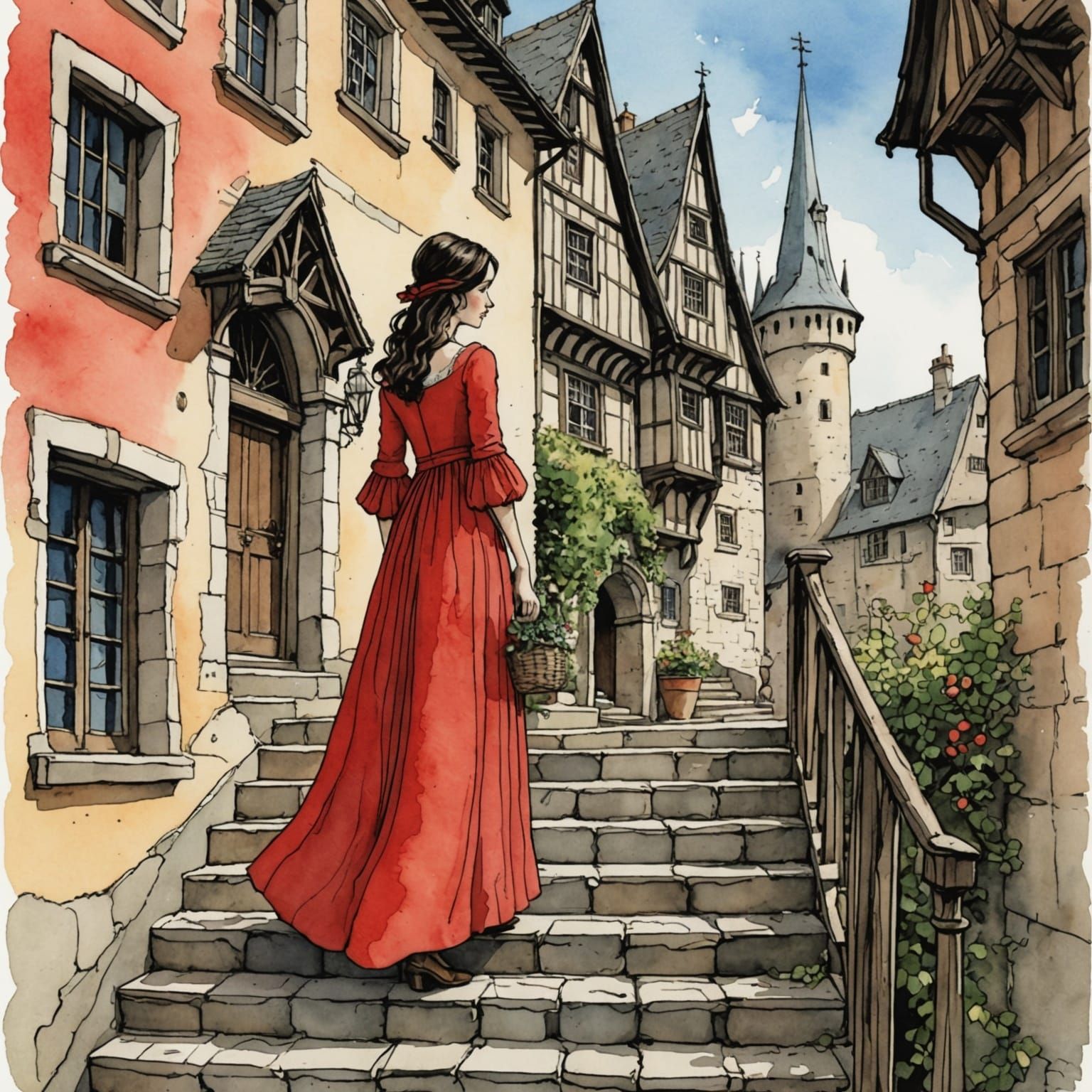 Medieval Maiden Storybook Illustration in Watercolor and Ink