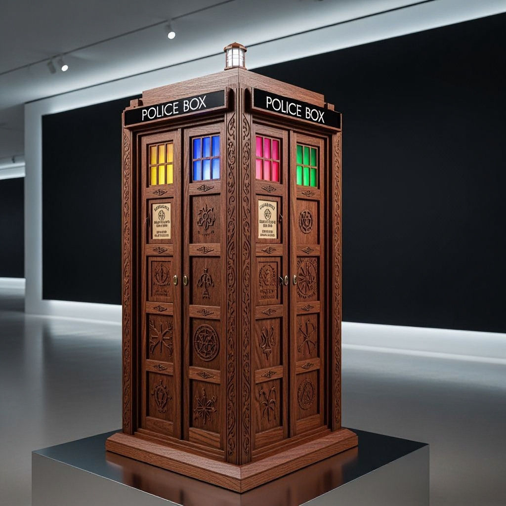 Intricate Wooden TARDIS Carving in Art Gallery